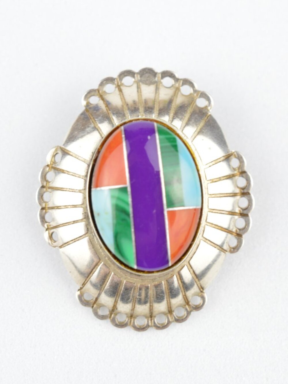 Vintage Sam Kee Navajo Sterling Silver Multi Stone Inlay Pin Brooch SK Signed